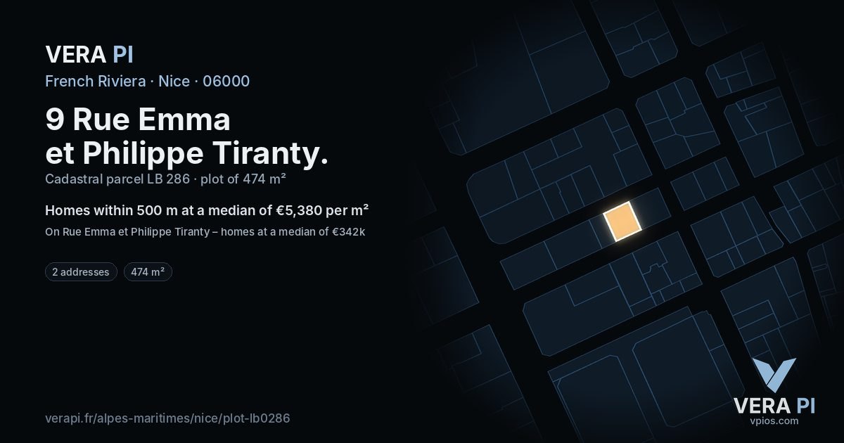 9 Rue Emma et Philippe Tiranty, Nice at night – the plot lit, the parcels around coloured by the prices near them