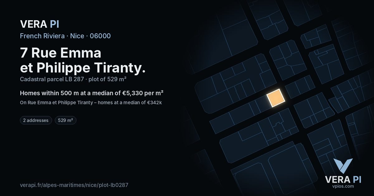 7 Rue Emma et Philippe Tiranty, Nice at night – the plot lit, the parcels around coloured by the prices near them