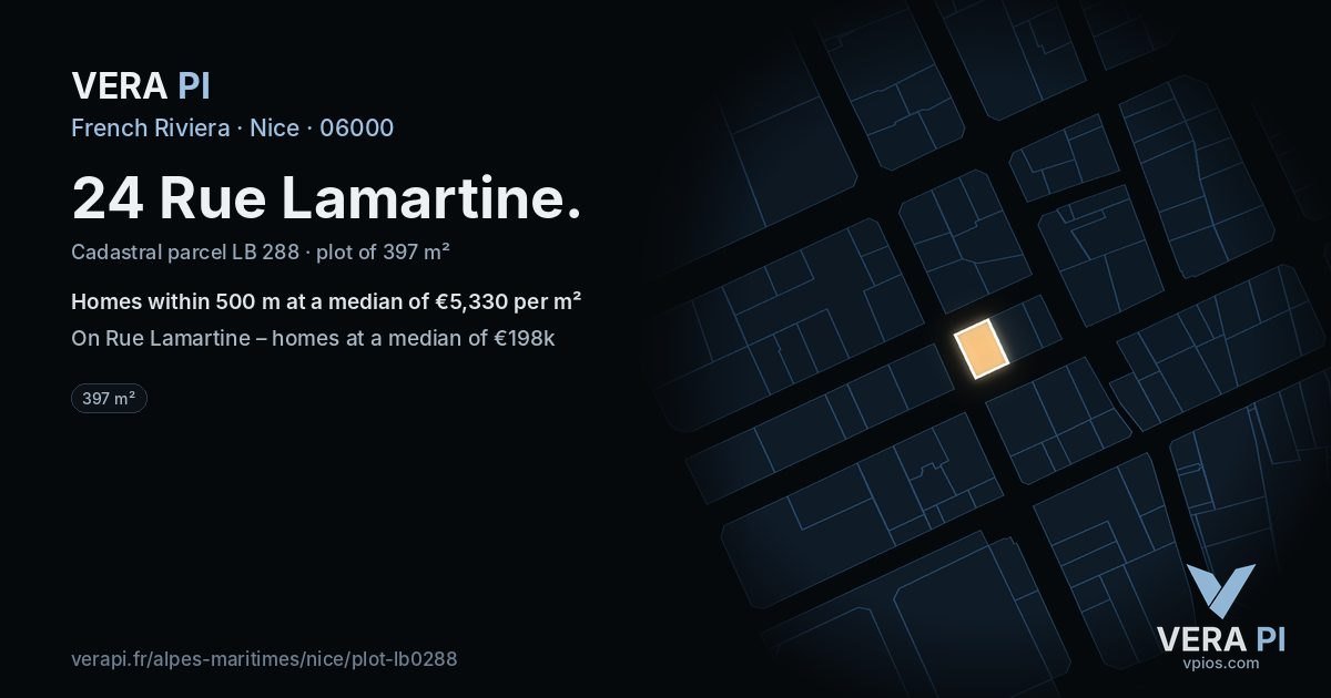 24 Rue Lamartine, Nice at night – the plot lit, the parcels around coloured by the prices near them