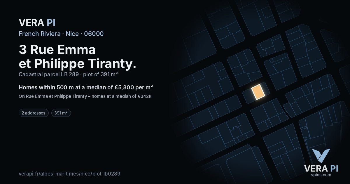 3 Rue Emma et Philippe Tiranty, Nice at night – the plot lit, the parcels around coloured by the prices near them