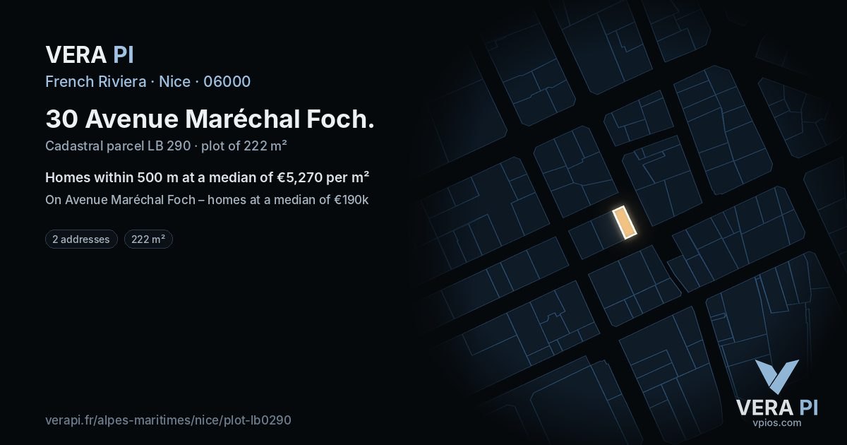 30 Avenue Maréchal Foch, Nice at night – the plot lit, the parcels around coloured by the prices near them