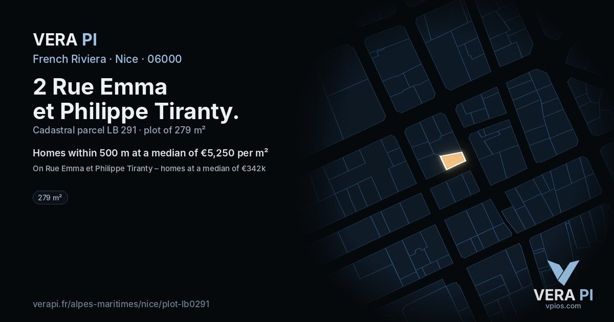 2 Rue Emma et Philippe Tiranty, Nice at night – the plot lit, the parcels around coloured by the prices near them