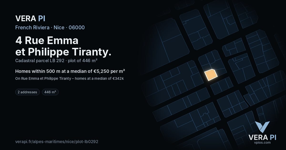 4 Rue Emma et Philippe Tiranty, Nice at night – the plot lit, the parcels around coloured by the prices near them