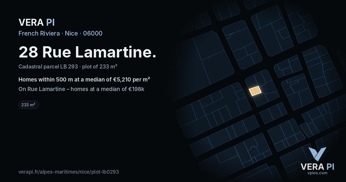 28 Rue Lamartine, Nice at night – the plot lit, the parcels around coloured by the prices near them
