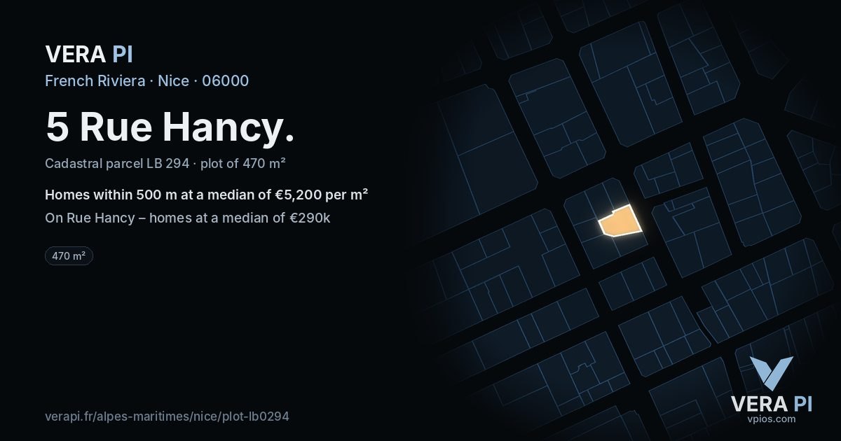 5 Rue Hancy, Nice at night – the plot lit, the parcels around coloured by the prices near them
