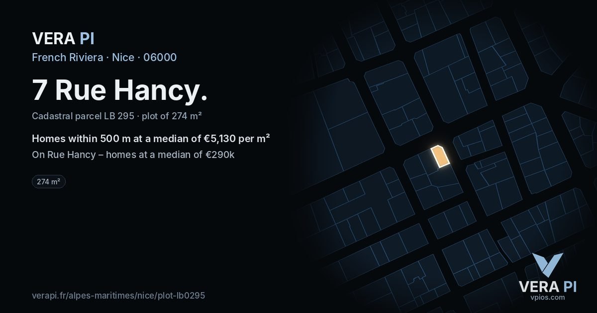 7 Rue Hancy, Nice at night – the plot lit, the parcels around coloured by the prices near them