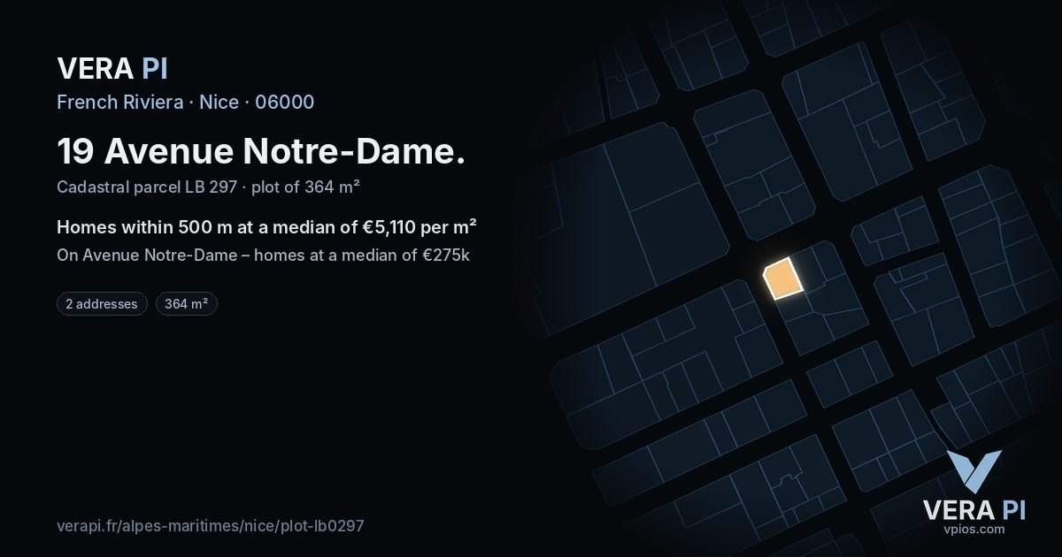 19 Avenue Notre-Dame, Nice at night – the plot lit, the parcels around coloured by the prices near them
