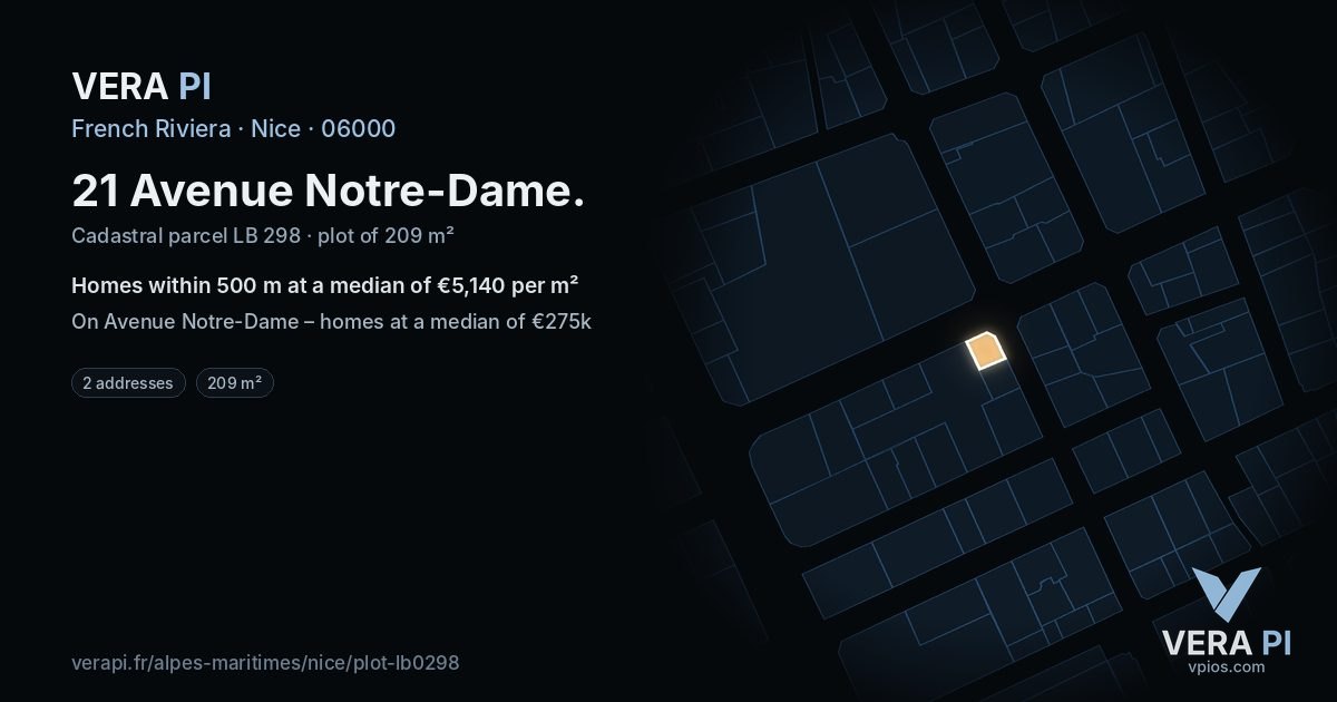 21 Avenue Notre-Dame, Nice at night – the plot lit, the parcels around coloured by the prices near them