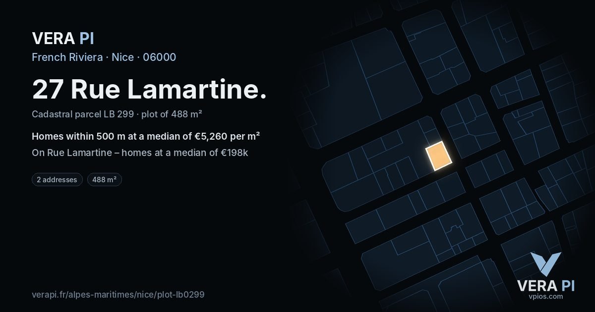 27 Rue Lamartine, Nice at night – the plot lit, the parcels around coloured by the prices near them