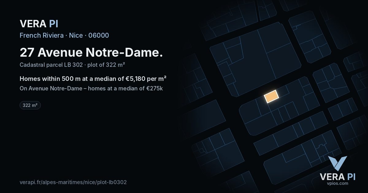 27 Avenue Notre-Dame, Nice at night – the plot lit, the parcels around coloured by the prices near them