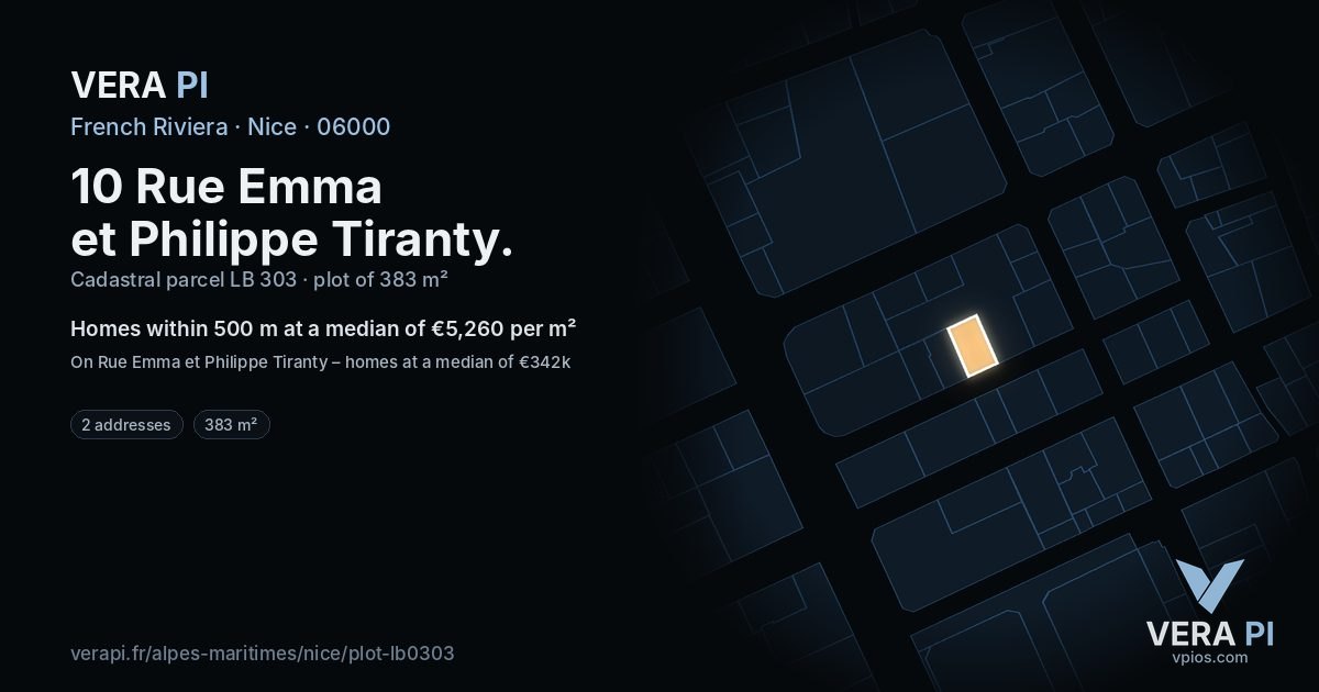 10 Rue Emma et Philippe Tiranty, Nice at night – the plot lit, the parcels around coloured by the prices near them