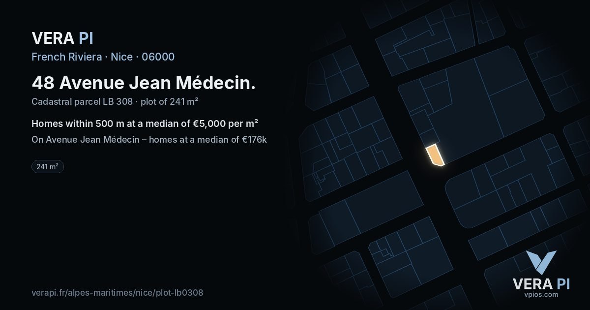 48 Avenue Jean Médecin, Nice at night – the plot lit, the parcels around coloured by the prices near them