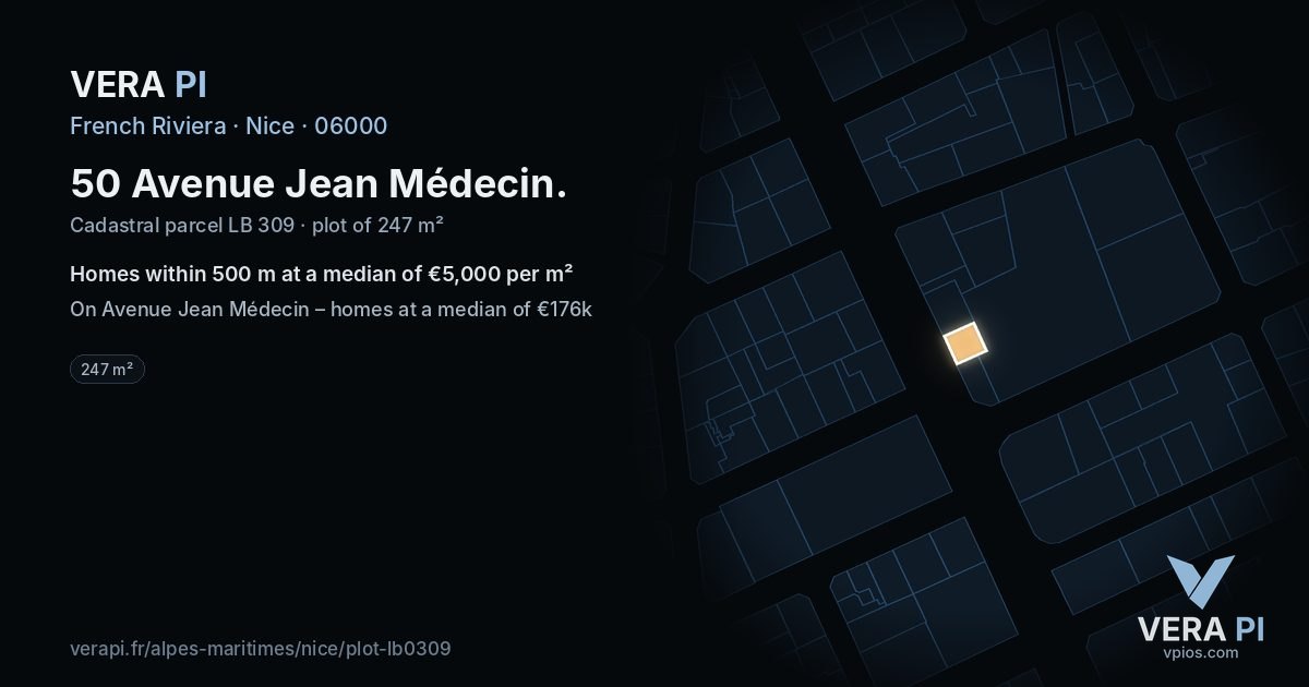 50 Avenue Jean Médecin, Nice at night – the plot lit, the parcels around coloured by the prices near them