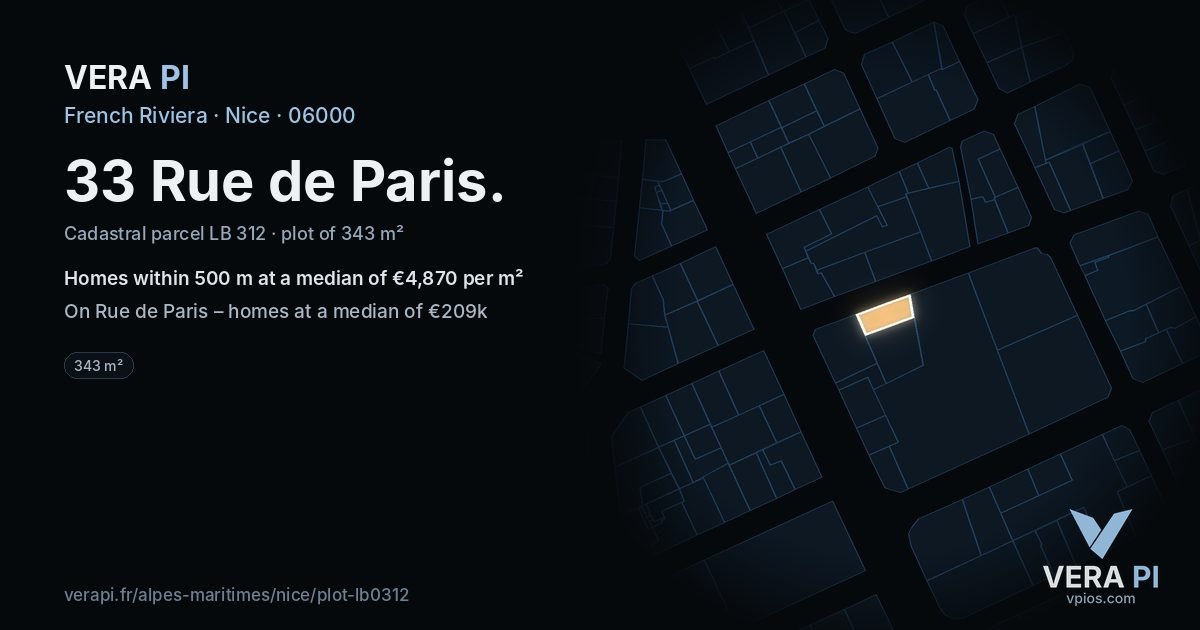 33 Rue de Paris, Nice at night – the plot lit, the parcels around coloured by the prices near them