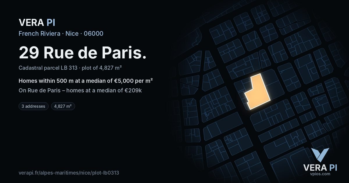 29 Rue de Paris, Nice at night – the plot lit, the parcels around coloured by the prices near them