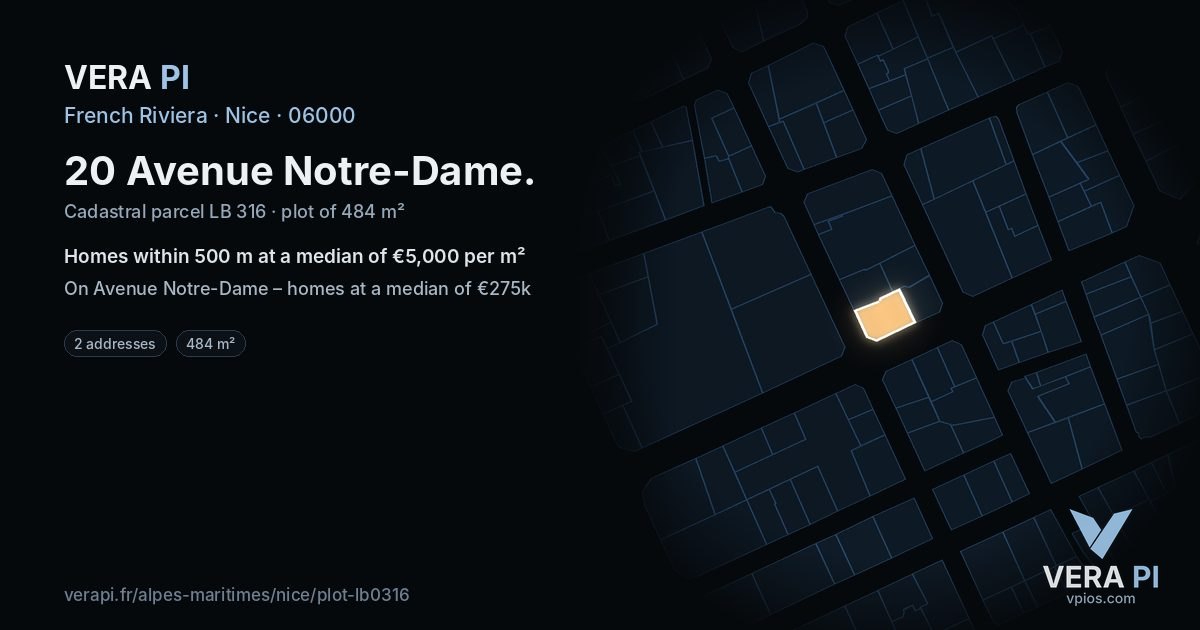 20 Avenue Notre-Dame, Nice at night – the plot lit, the parcels around coloured by the prices near them