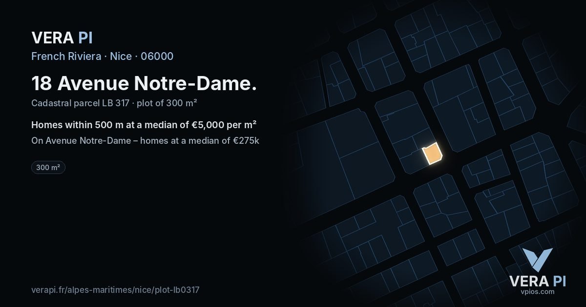 18 Avenue Notre-Dame, Nice at night – the plot lit, the parcels around coloured by the prices near them