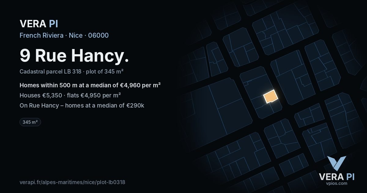 9 Rue Hancy, Nice at night – the plot lit, the parcels around coloured by the prices near them