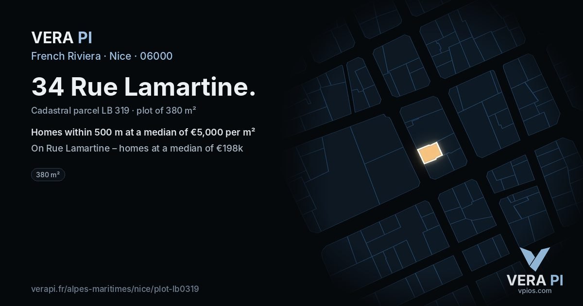 34 Rue Lamartine, Nice at night – the plot lit, the parcels around coloured by the prices near them