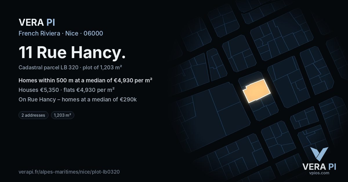 11 Rue Hancy, Nice at night – the plot lit, the parcels around coloured by the prices near them