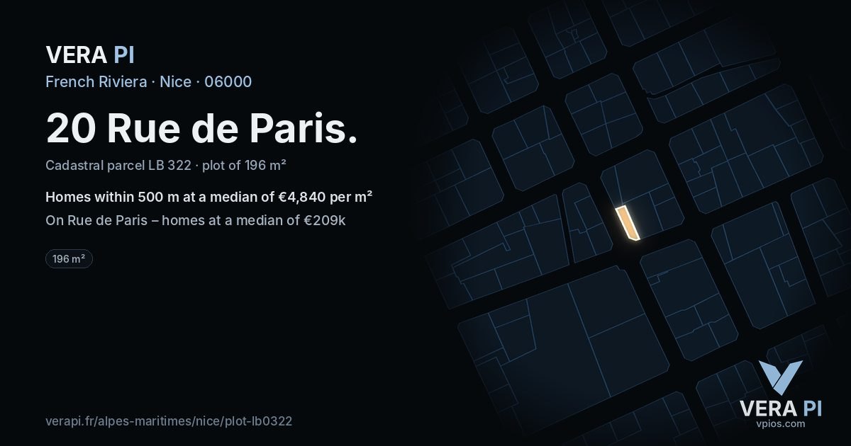 20 Rue de Paris, Nice at night – the plot lit, the parcels around coloured by the prices near them