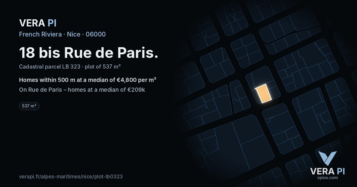 18 bis Rue de Paris, Nice at night – the plot lit, the parcels around coloured by the prices near them
