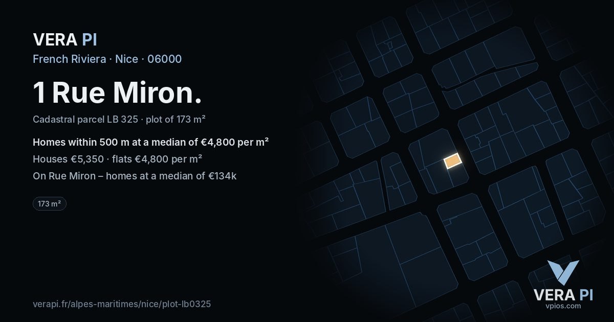 1 Rue Miron, Nice at night – the plot lit, the parcels around coloured by the prices near them