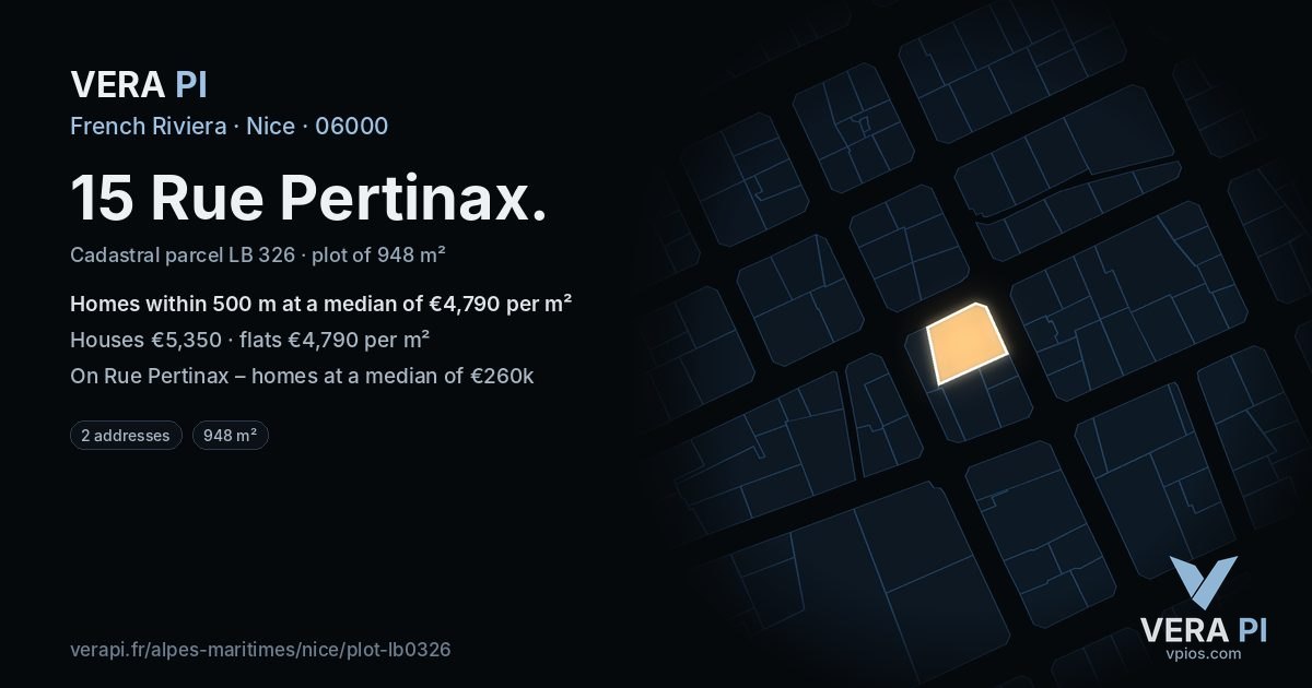 15 Rue Pertinax, Nice at night – the plot lit, the parcels around coloured by the prices near them