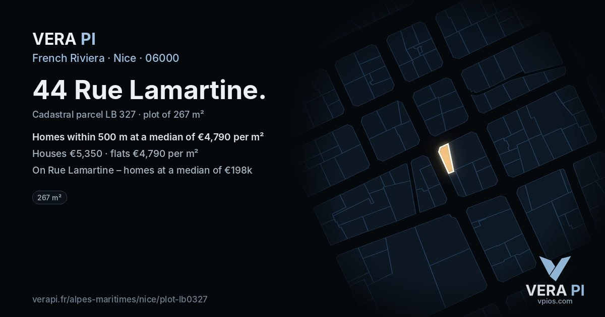 44 Rue Lamartine, Nice at night – the plot lit, the parcels around coloured by the prices near them
