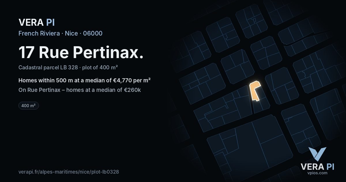 17 Rue Pertinax, Nice at night – the plot lit, the parcels around coloured by the prices near them