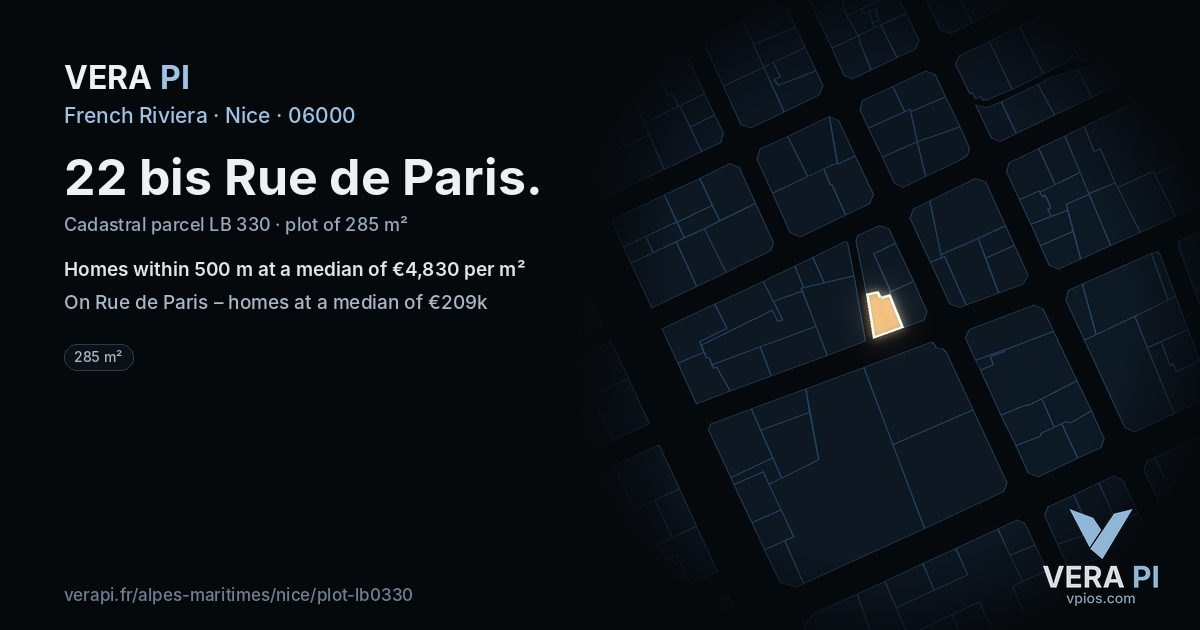 22 bis Rue de Paris, Nice at night – the plot lit, the parcels around coloured by the prices near them