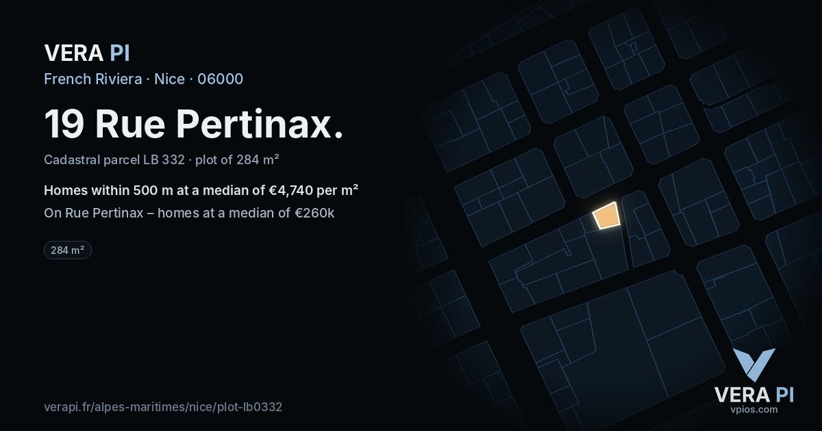 19 Rue Pertinax, Nice at night – the plot lit, the parcels around coloured by the prices near them
