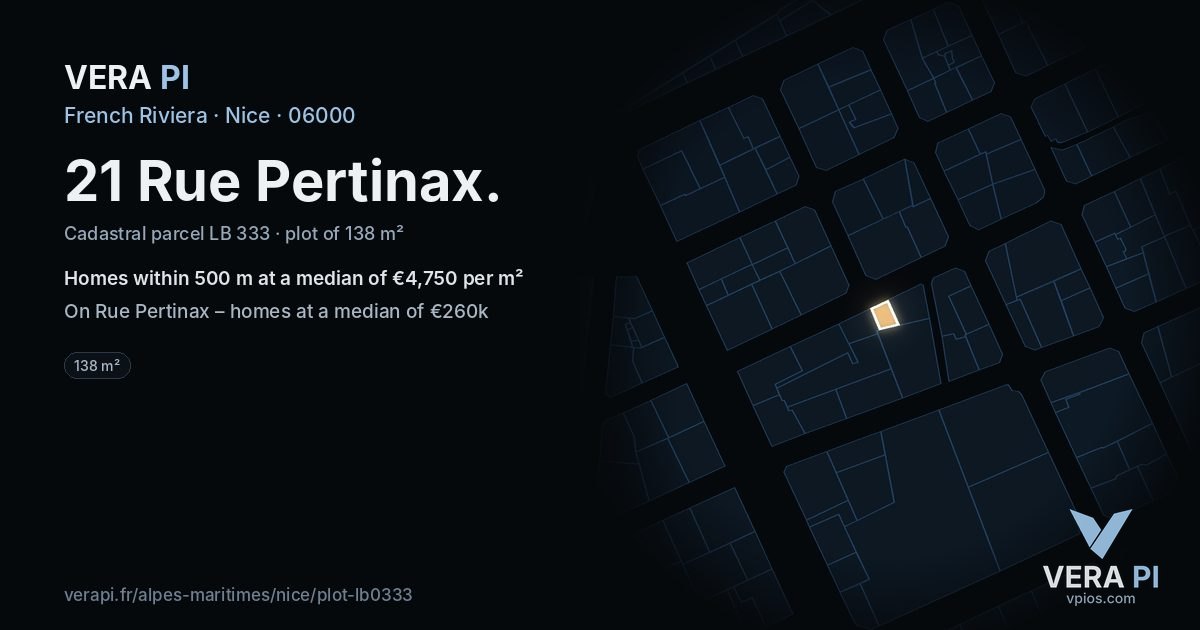21 Rue Pertinax, Nice at night – the plot lit, the parcels around coloured by the prices near them