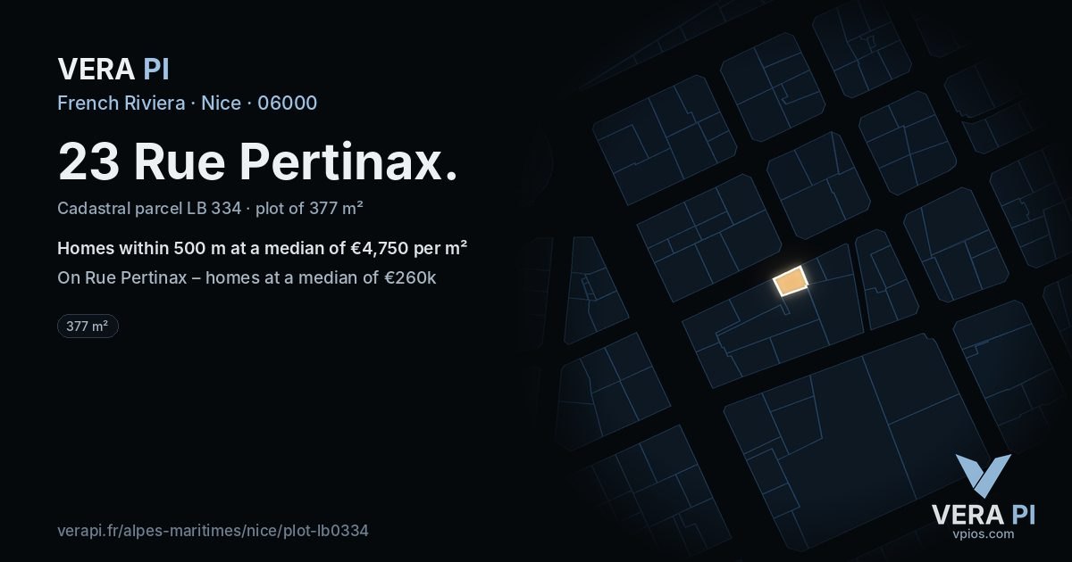 23 Rue Pertinax, Nice at night – the plot lit, the parcels around coloured by the prices near them