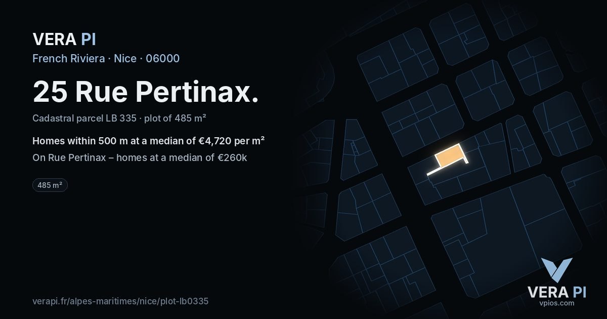 25 Rue Pertinax, Nice at night – the plot lit, the parcels around coloured by the prices near them