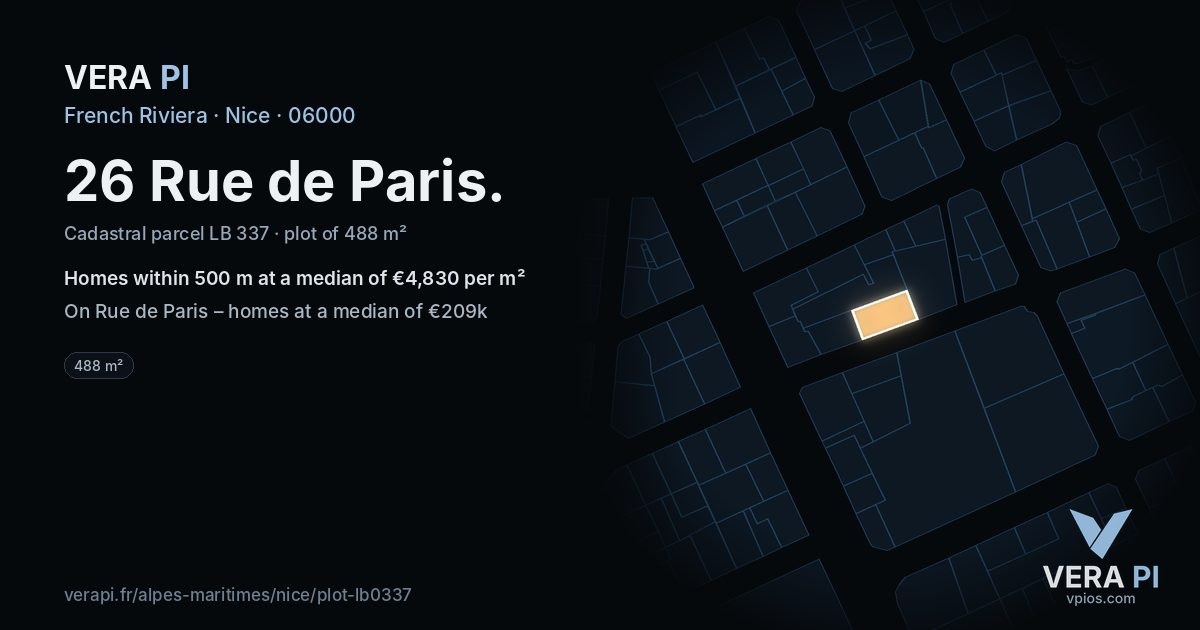 26 Rue de Paris, Nice at night – the plot lit, the parcels around coloured by the prices near them