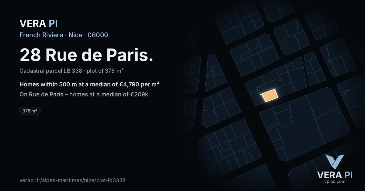 28 Rue de Paris, Nice at night – the plot lit, the parcels around coloured by the prices near them