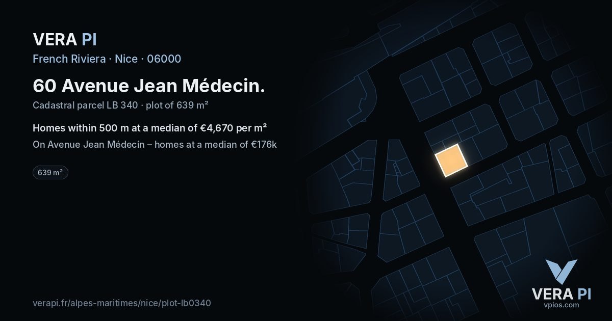 60 Avenue Jean Médecin, Nice at night – the plot lit, the parcels around coloured by the prices near them