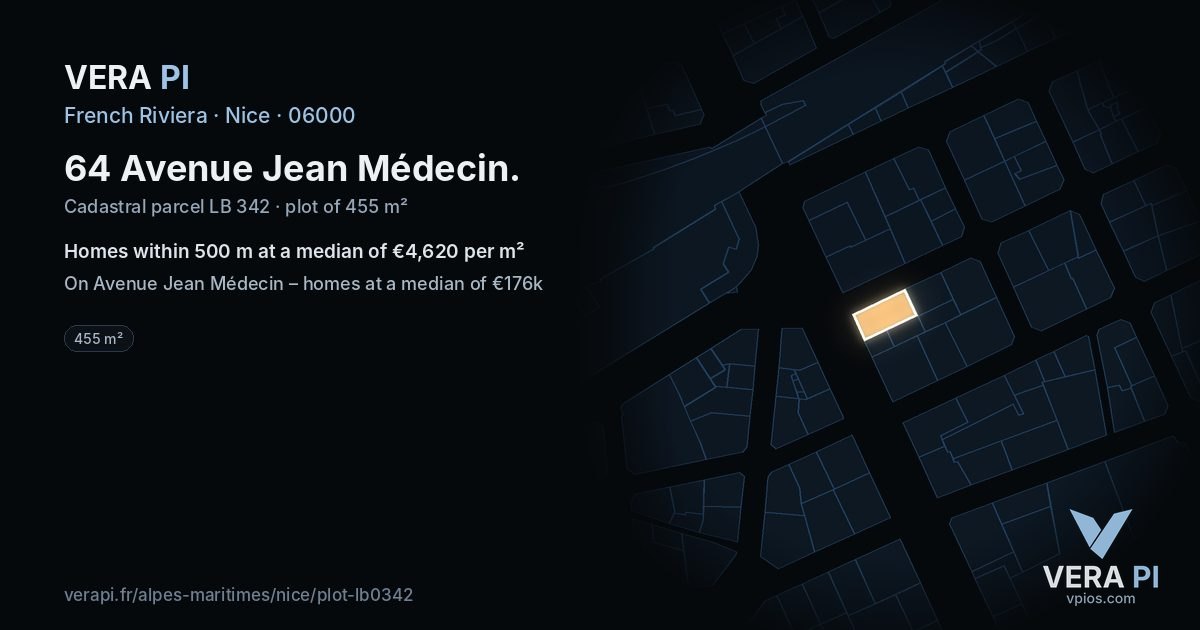 64 Avenue Jean Médecin, Nice at night – the plot lit, the parcels around coloured by the prices near them