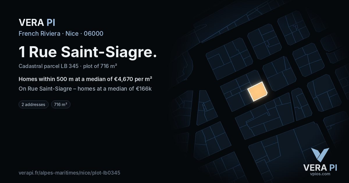 1 Rue Saint-Siagre, Nice at night – the plot lit, the parcels around coloured by the prices near them