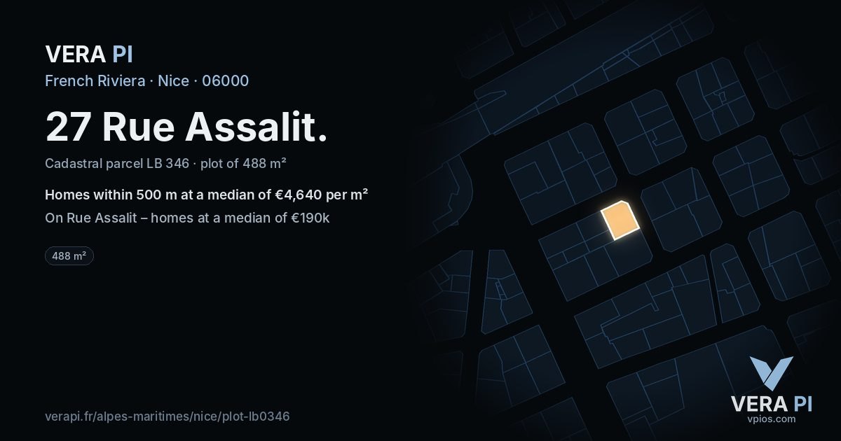 27 Rue Assalit, Nice at night – the plot lit, the parcels around coloured by the prices near them