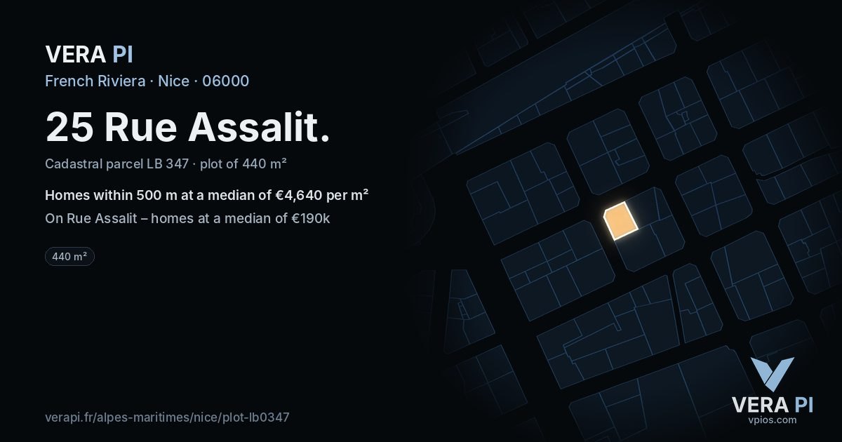25 Rue Assalit, Nice at night – the plot lit, the parcels around coloured by the prices near them