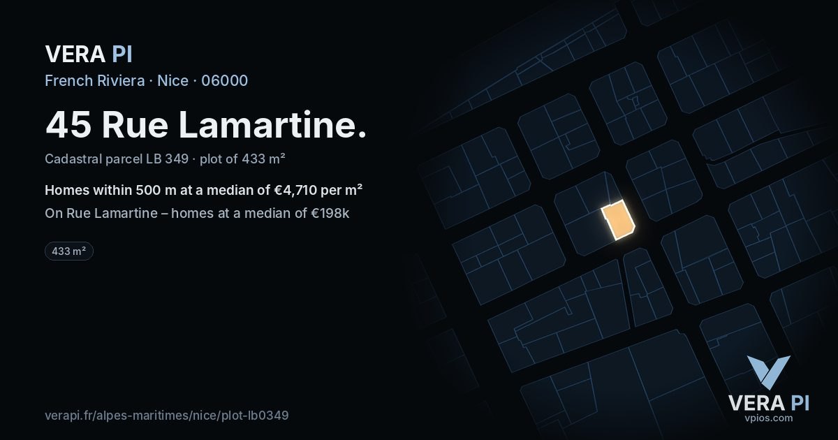 45 Rue Lamartine, Nice at night – the plot lit, the parcels around coloured by the prices near them