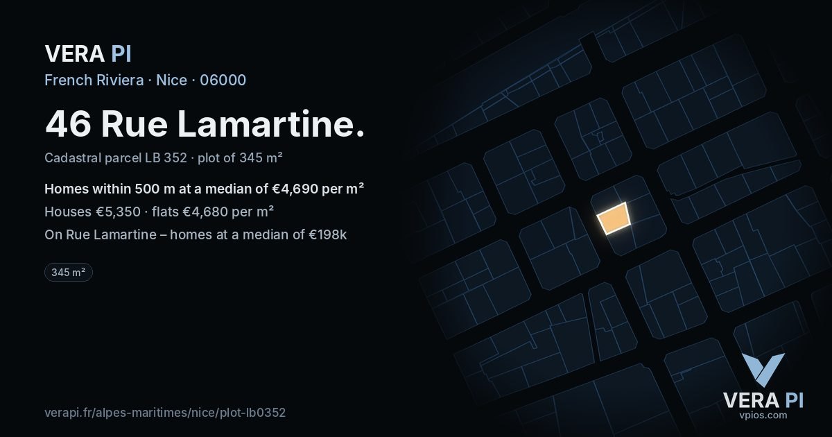 46 Rue Lamartine, Nice at night – the plot lit, the parcels around coloured by the prices near them