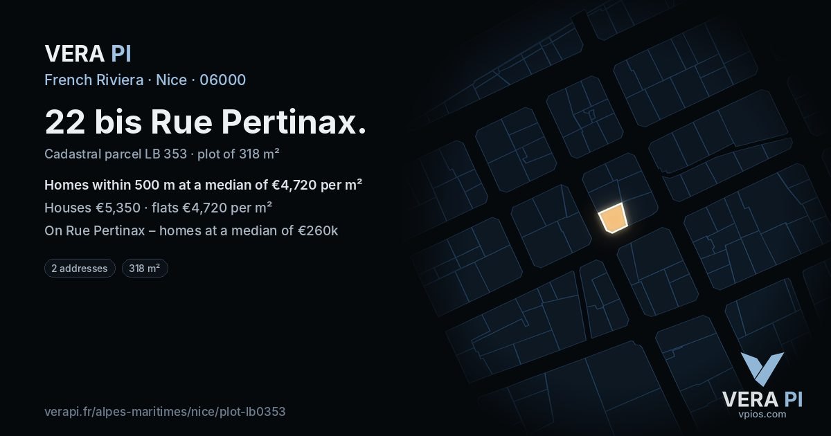 22 bis Rue Pertinax, Nice at night – the plot lit, the parcels around coloured by the prices near them