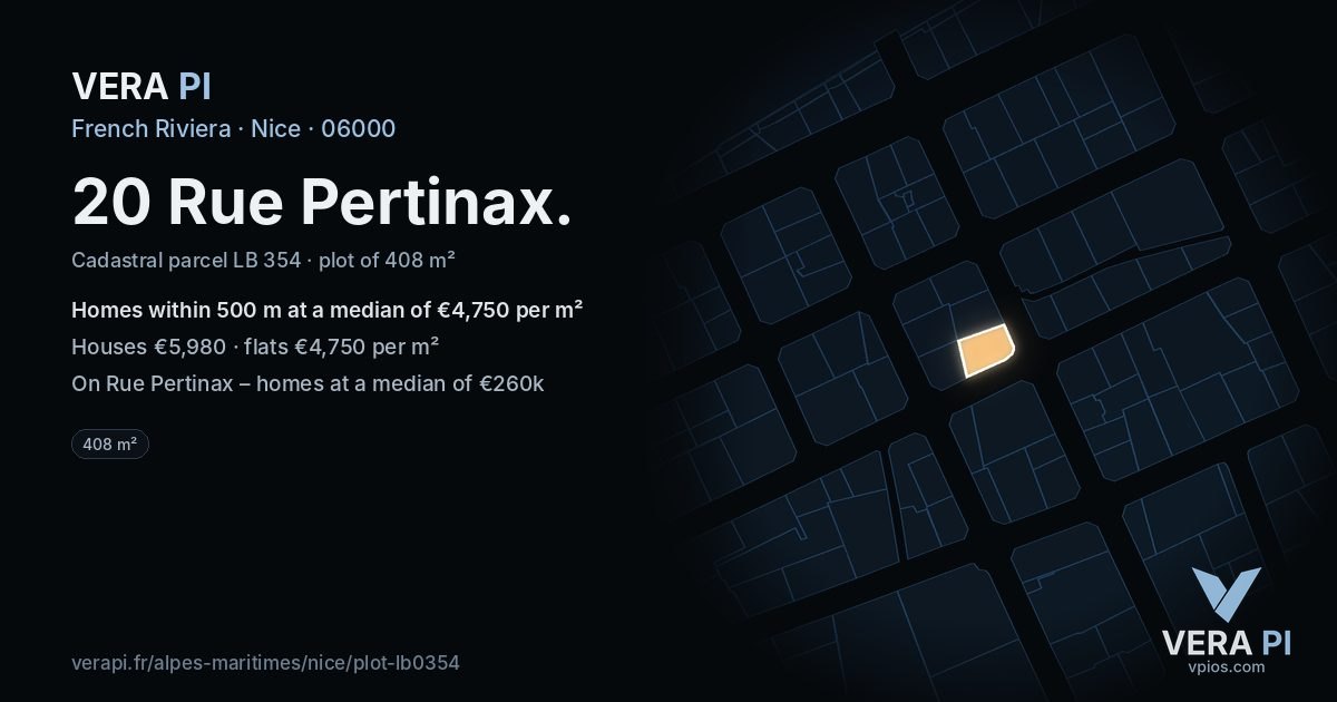 20 Rue Pertinax, Nice at night – the plot lit, the parcels around coloured by the prices near them