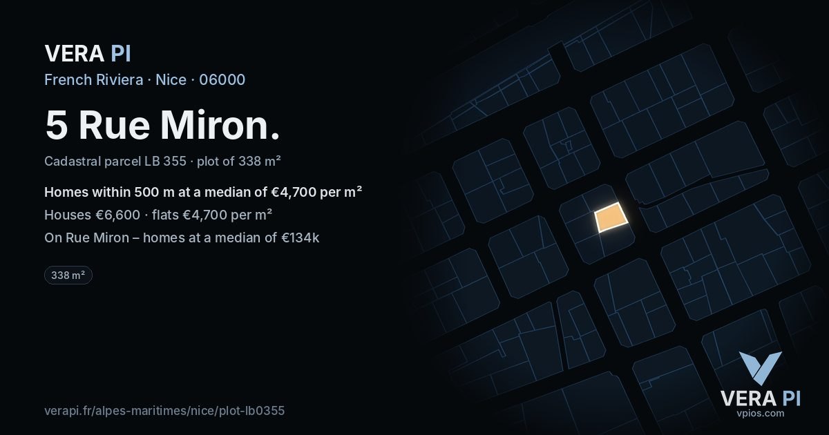 5 Rue Miron, Nice at night – the plot lit, the parcels around coloured by the prices near them