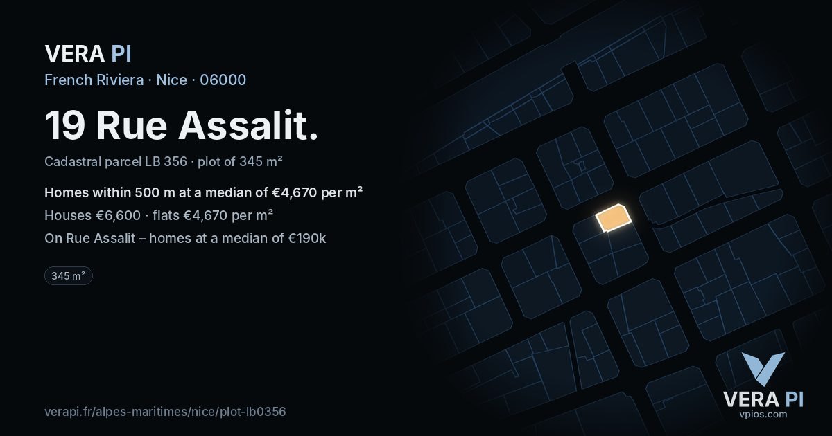 19 Rue Assalit, Nice at night – the plot lit, the parcels around coloured by the prices near them