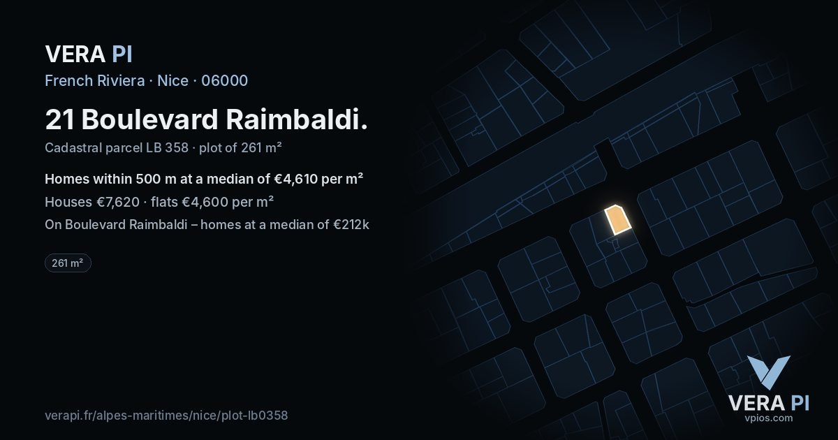 21 Boulevard Raimbaldi, Nice at night – the plot lit, the parcels around coloured by the prices near them