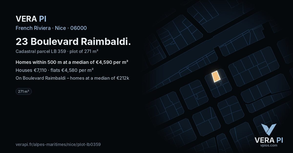 23 Boulevard Raimbaldi, Nice at night – the plot lit, the parcels around coloured by the prices near them